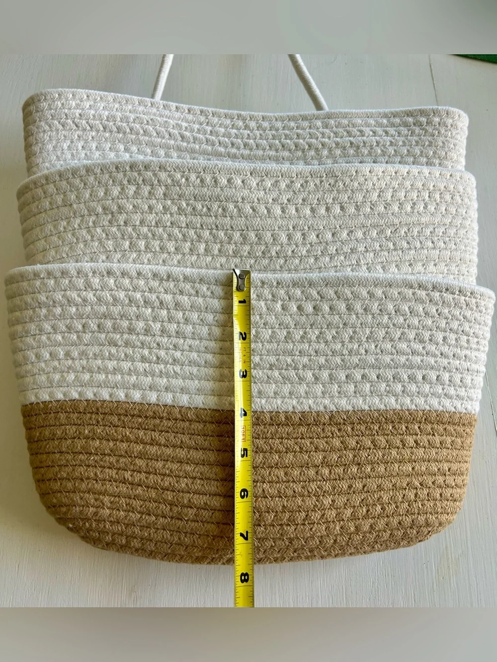 NWOT Three-Tier Hanging Storage Baskets - White and Tan Boho-Style